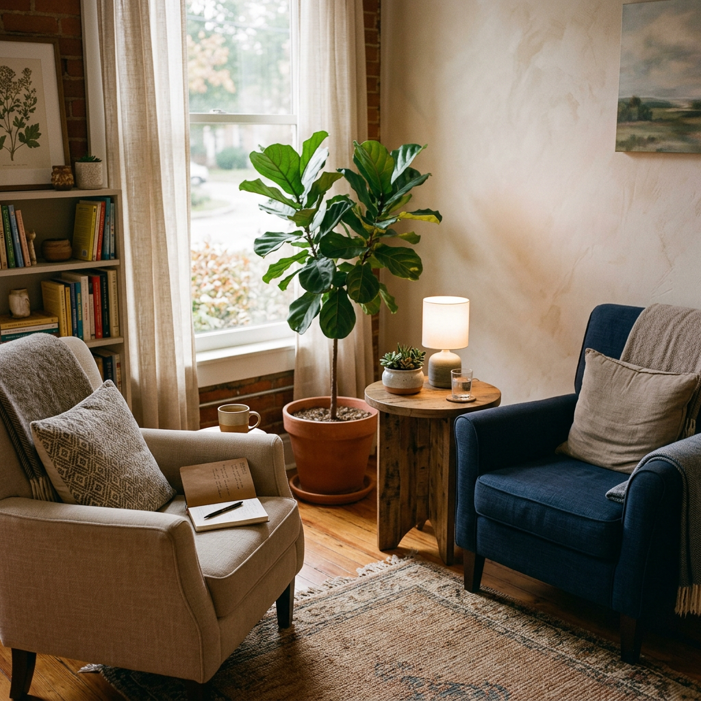 Cozy reading nook with two armchairs, a small round table, potted plant, lamp, bookshelf, and window
